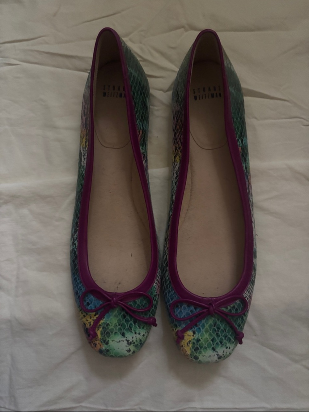 Stuart Weitzman Multicolor Snake-Print Ballet Flats with Purple Trim